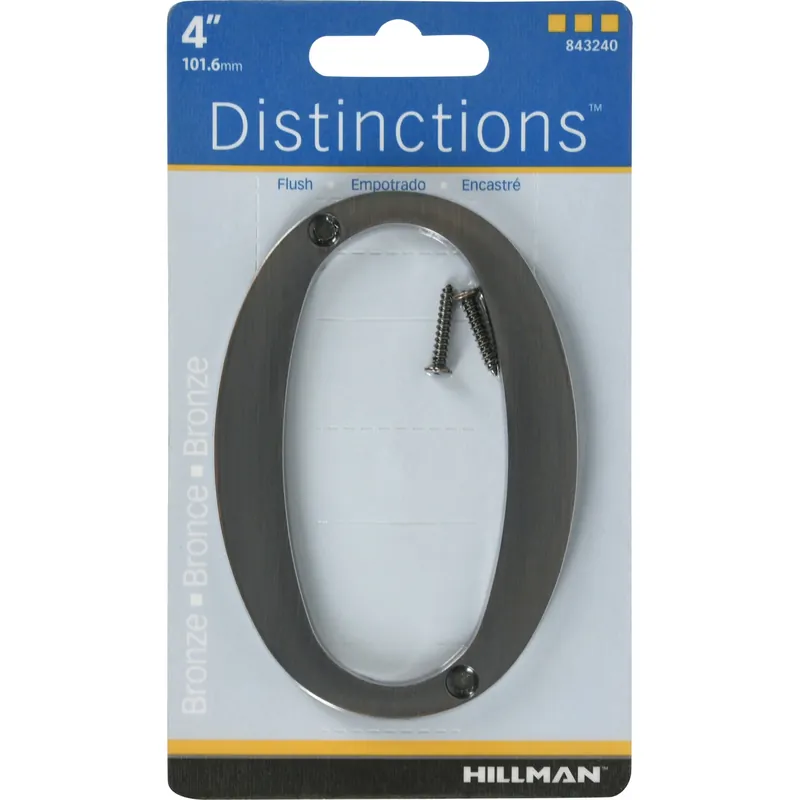 Distinctions House Address Number 0, Flush Mount, Screw-In, Bronze Zinc, 4-In.