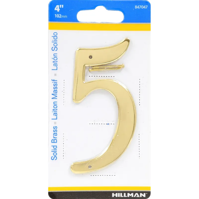 HILLMAN 4 In. Gold Brass Nail-On Number 5 1 Pc