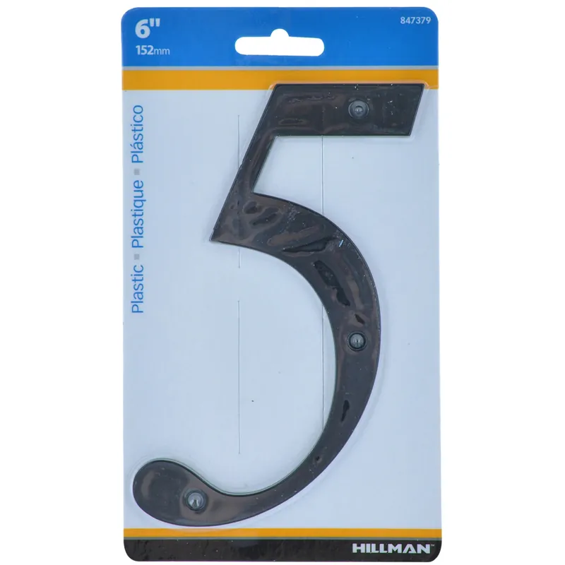 House Address Number 5, Nail-On, Black Plastic, 6-In.
