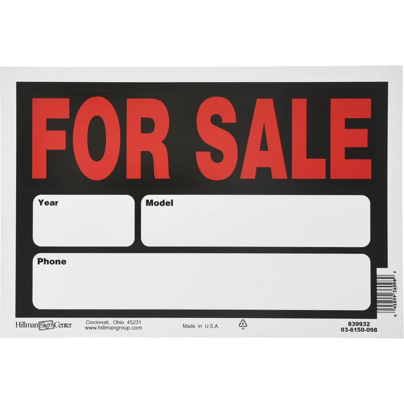 Automobile For Sale Sign, Black And Red, 8 X 12-In.