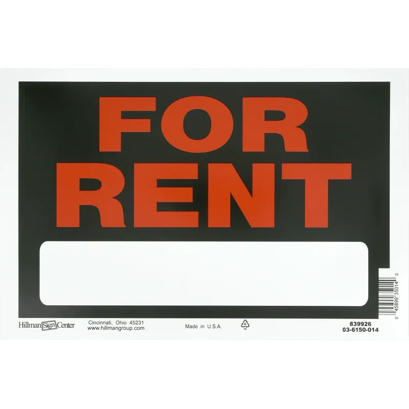 HILLMAN English Black For Rent Sign 8 In. H X 12 In. W