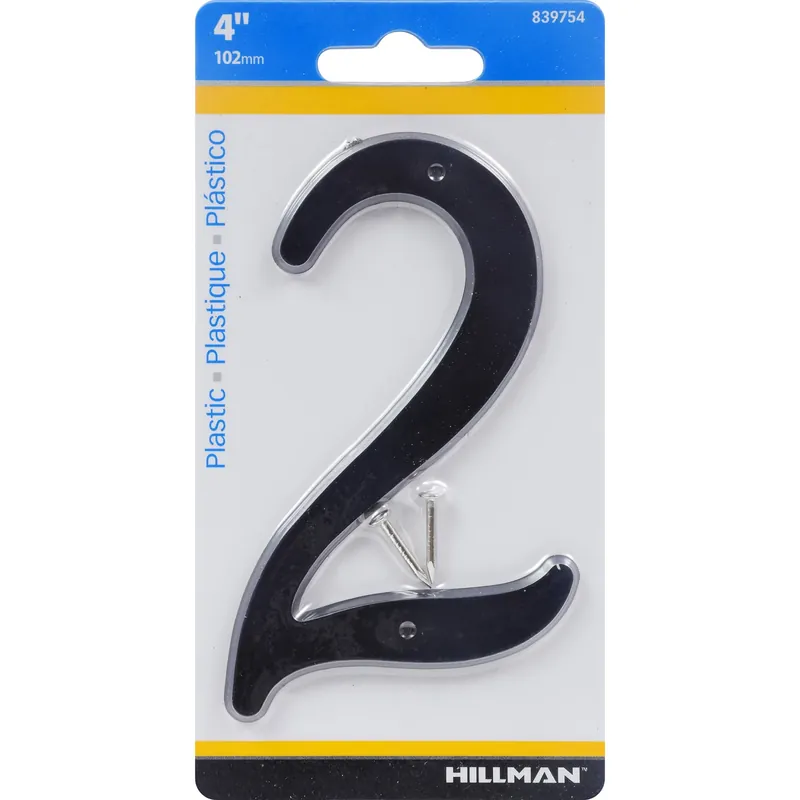House Address Number 2, Nail-On, Black Plastic, 4-In.