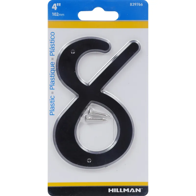 House Address Number 8, Nail-On, Black Plastic, 4-In.