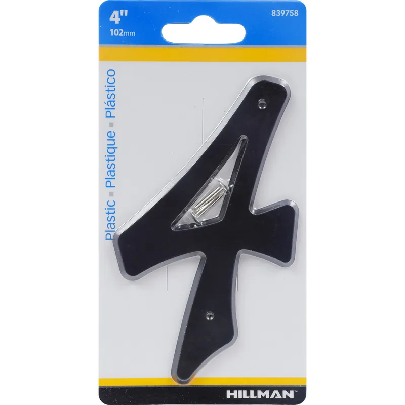 House Address Number 4, Nail-On, Black Plastic, 4-In.