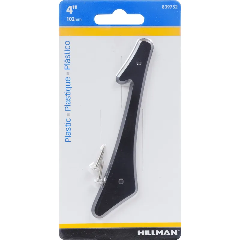 House Address Number 1, Nail-On, Black Plastic, 4-In.
