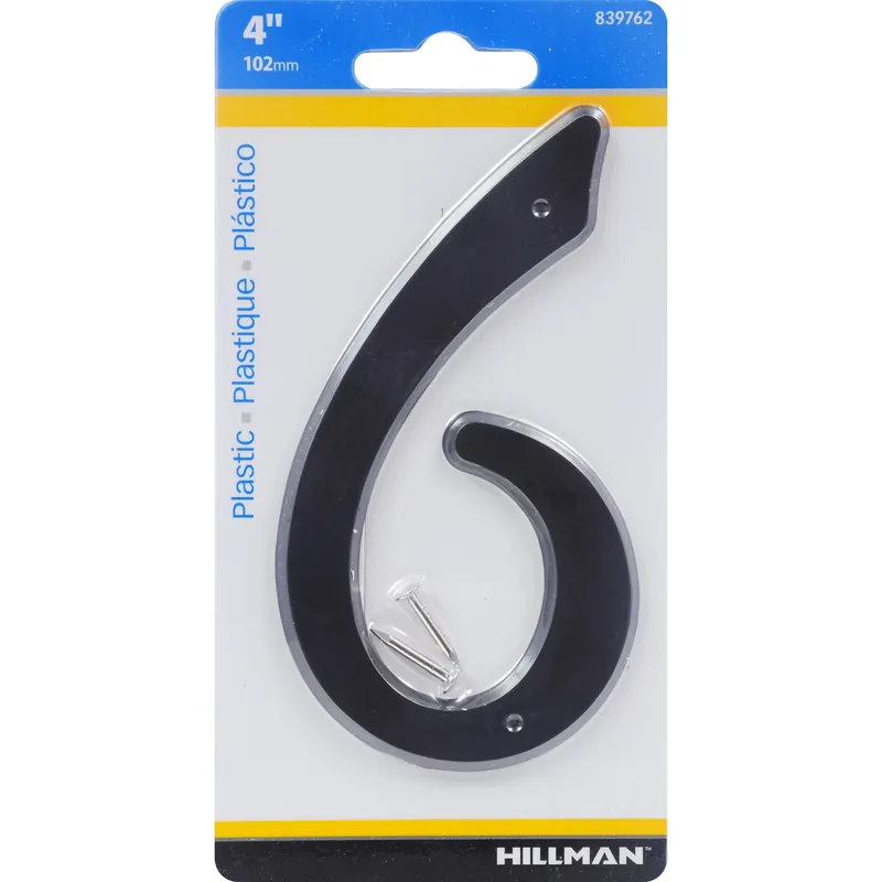 House Address Number 6, Nail-On, Black Plastic, 4-In.
