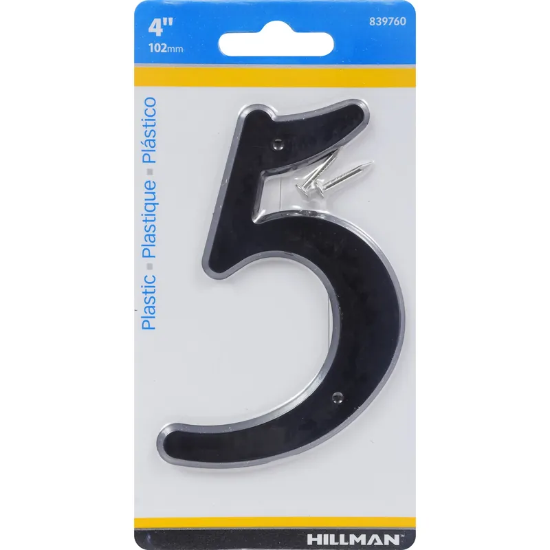 House Address Number 5, Nail-On, Black Plastic, 4-In.