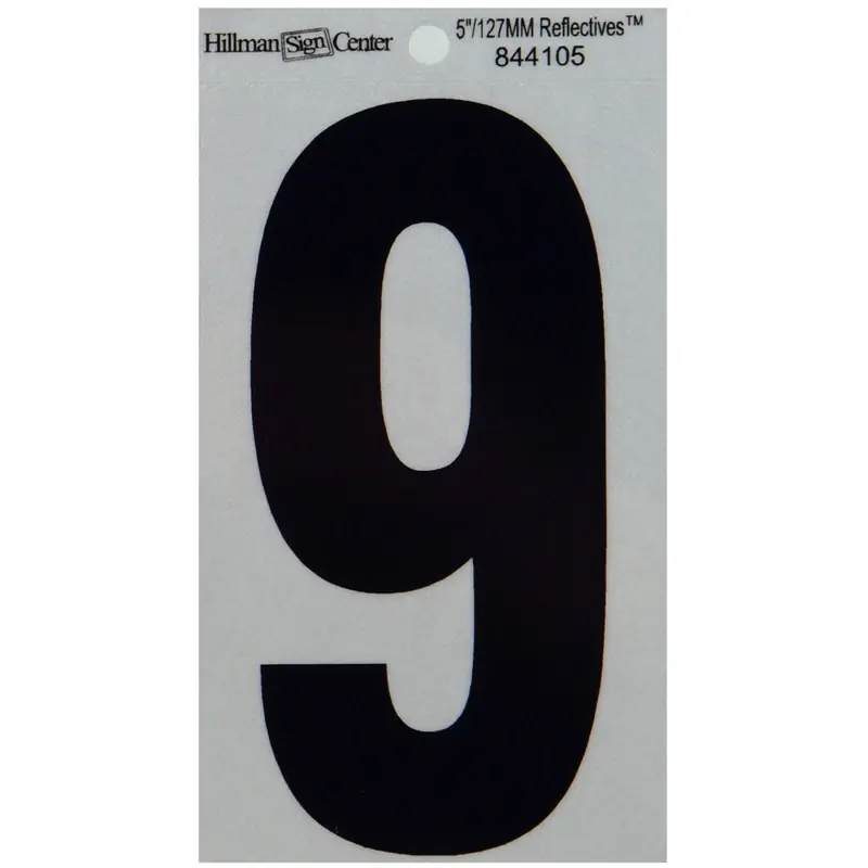 Adhesive House Address Number 9, Reflective Vinyl, Black And Silver, 5-In.