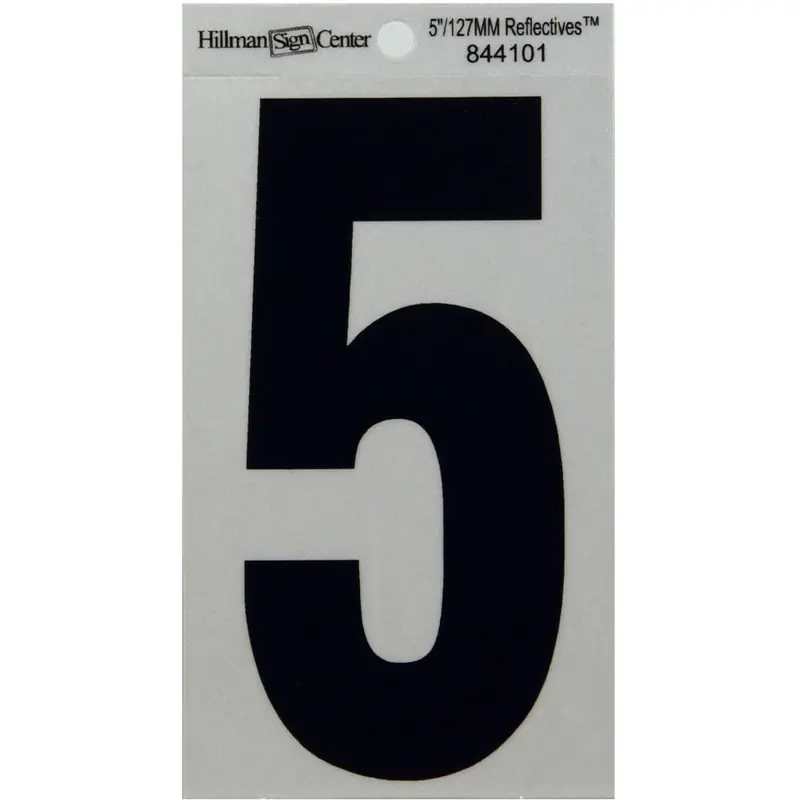 Adhesive House Address Number 5, Reflective Vinyl, Black And Silver, 5-In.