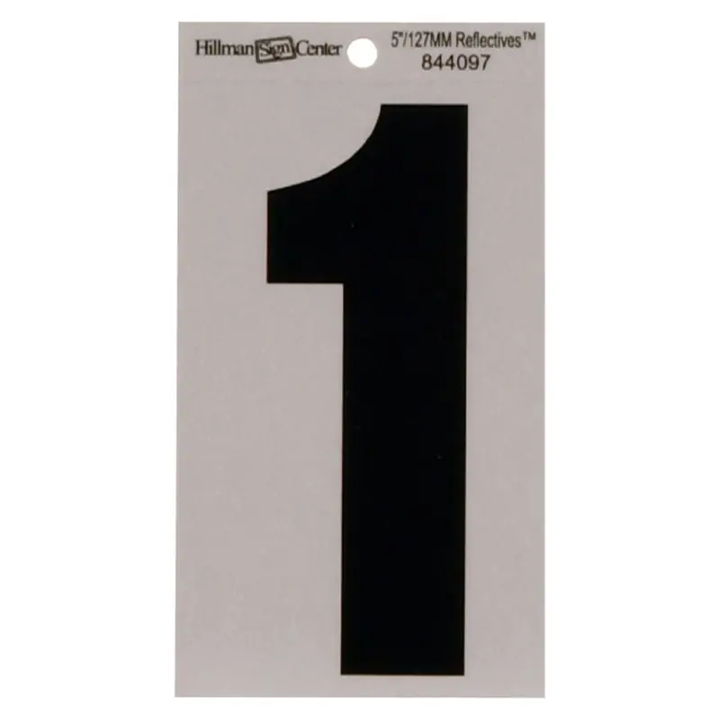 Adhesive House Address Number 1, Reflective Vinyl, Black And Silver, 5-In.