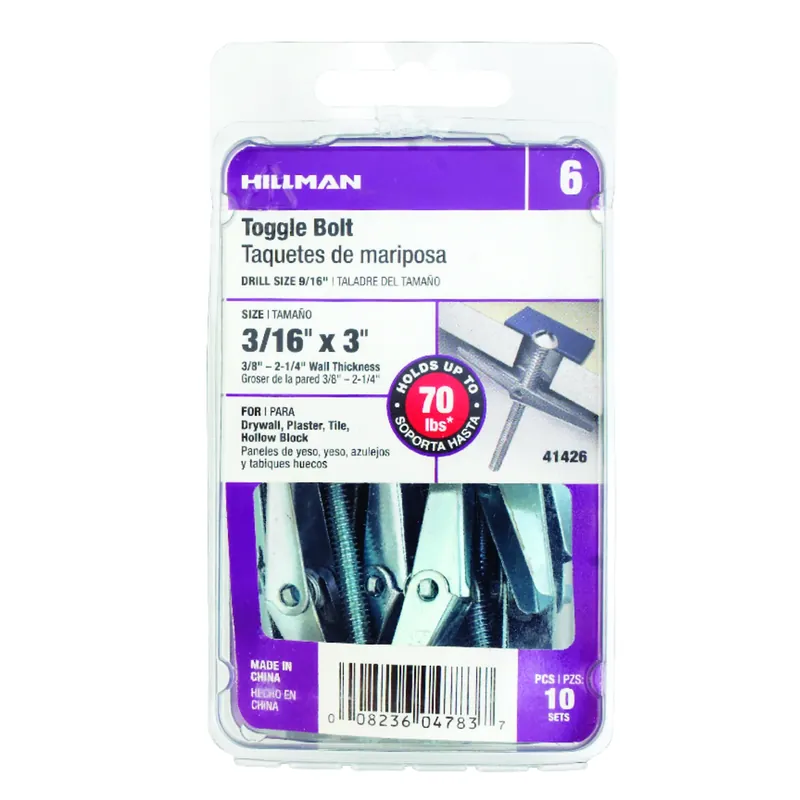 HILLMAN 3/16 In. D X 3 In. L Round Zinc-Plated Steel Toggle Bolt 10 Pk