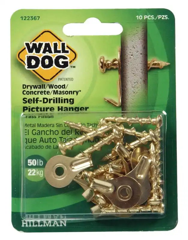 HILLMAN Wall Dog Brass-Plated Gold Self-Drilling Picture Hanger 50 Lb 2 Pk