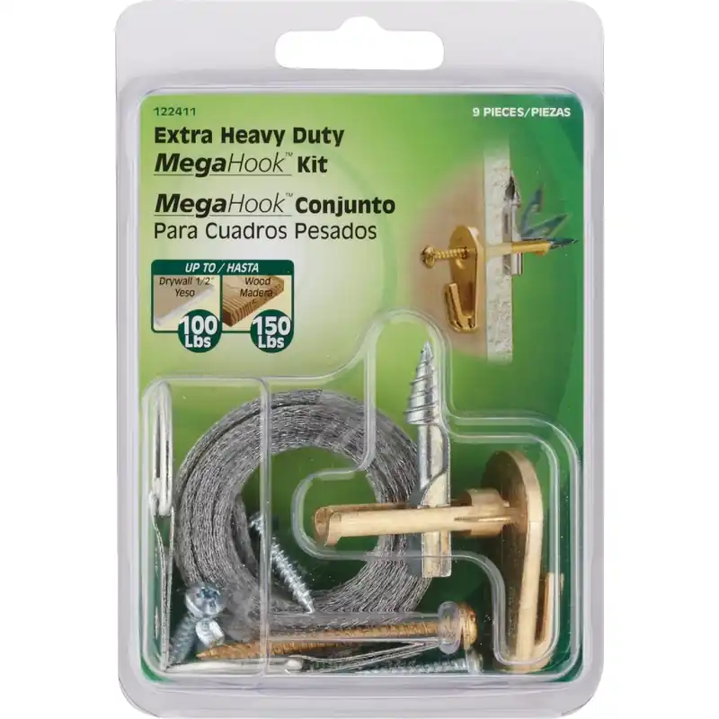 HILLMAN MegaHook Brass-Plated Gold Heavy Duty Picture Hook Kit 75 Lb 9 Pk