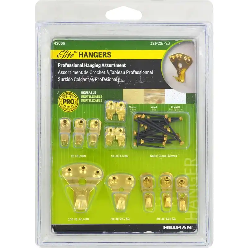 HILLMAN Brass-Plated Gold Professional Picture Hanging Set 10 Lb 2 Pk