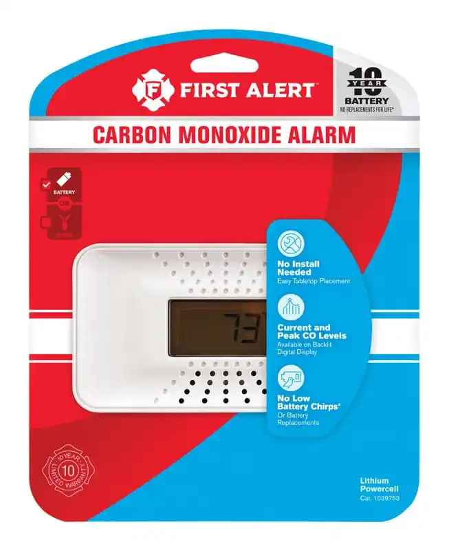 Carbon Monoxide Detector, Temperature Display, 10-Year Battery