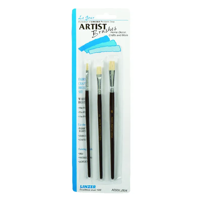 No. 0/2/4 Flat Artist Paint Brush Set - 3 Piece White Bristle Brushes