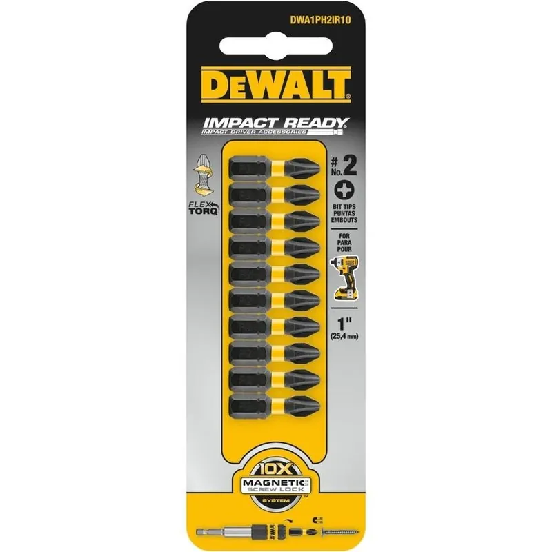 DEWALT Elite 10‑Piece Phillips 2 1‑in Insert Bit Set – Steel Hex‑Shank