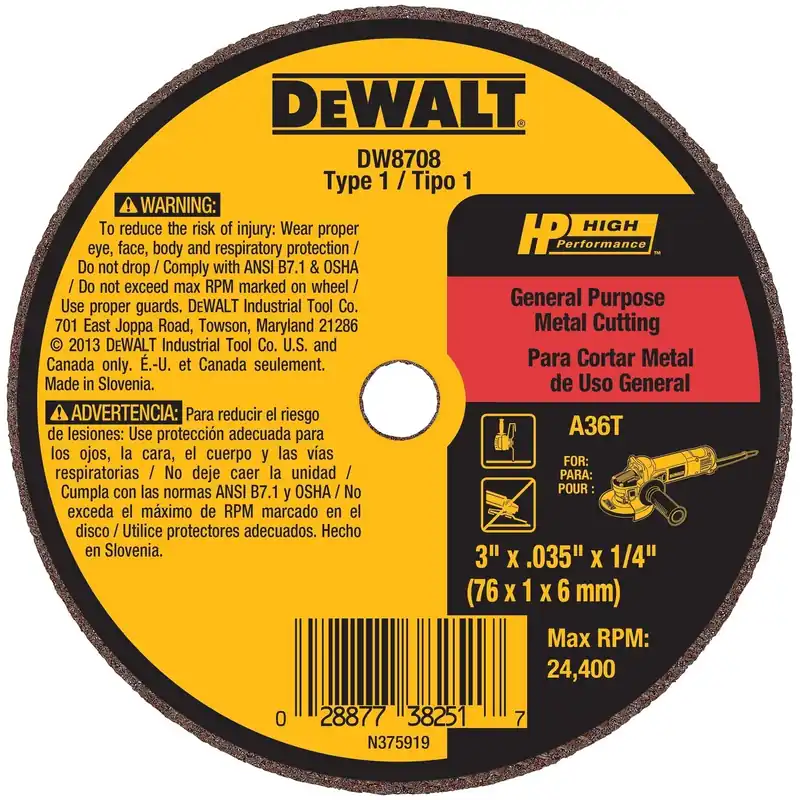 High Performance 3 In. Diameter X 1/4 In. Aluminum Oxide Cut-off Wheel Dw8708