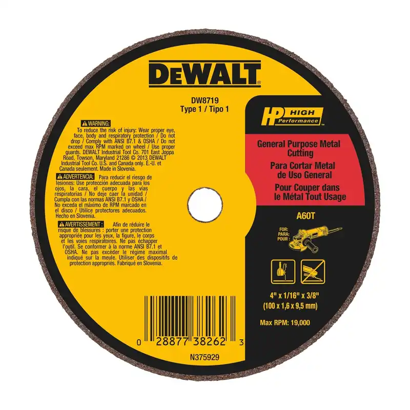 DeWalt High Performance 4 In. D X 3/8 In. X 1/16 In. Thick Aluminum Oxide Cut-Off Wheel 1 Pc