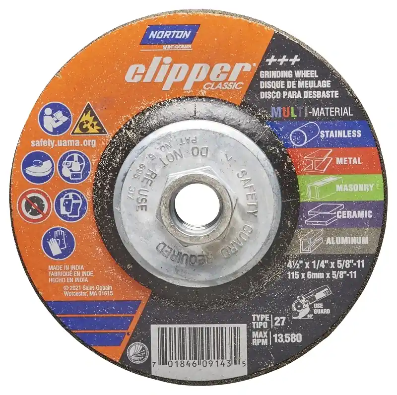 Norton Clipper 4-1/2 In. D X 5/8-11 In. X 1/4 In. Thick Classic Grinding Wheel 1 Pk