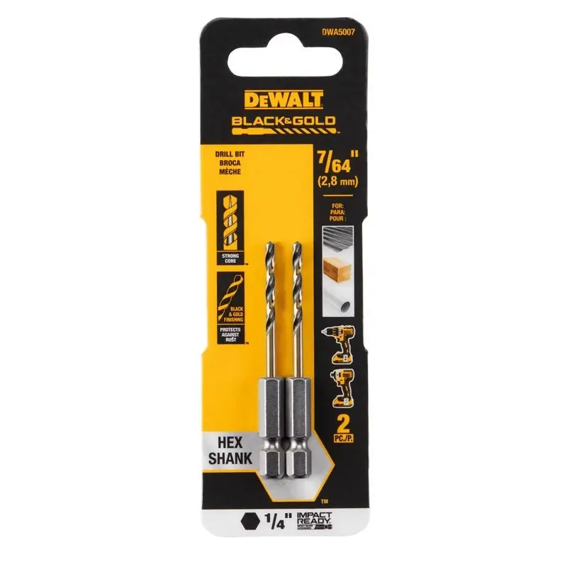 DeWalt Black & Gold 7/64 In. High Speed Steel Impact Ready Drill Bit Hex Shank 2 Pk