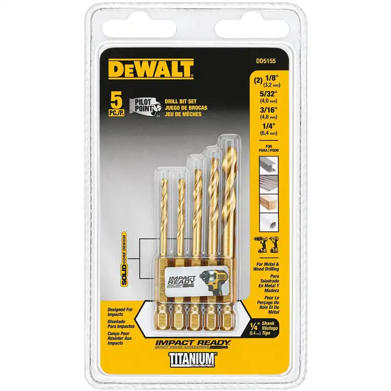 DeWalt Titanium Impact Ready Drill Bit Set Quick-Change Hex Shank 5 Pc