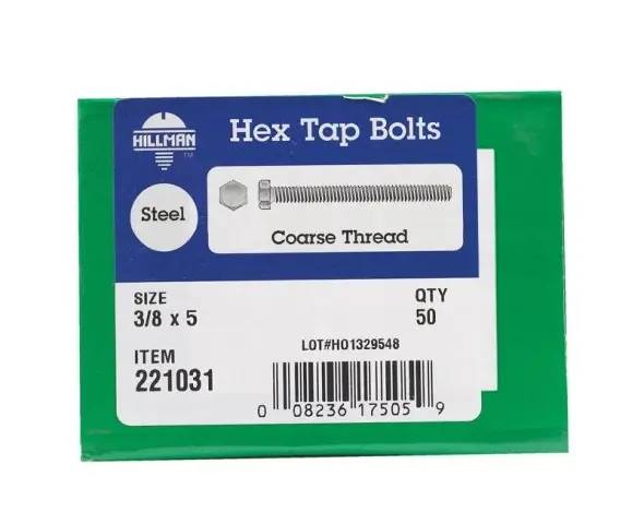 HILLMAN 3/8 In. D X 5 In. L Zinc Plated Steel Hex Tap Bolt 50 Pk