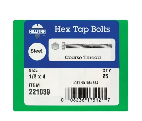 HILLMAN 1/2 In. D X 4 In. L Zinc Plated Steel Hex Tap Bolt 25 Pk