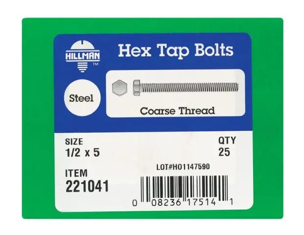 HILLMAN 1/2 In. D X 5 In. L Zinc Plated Steel Hex Tap Bolt 25 Pk