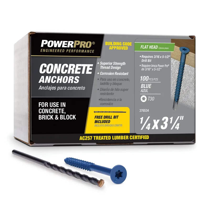 Blue Flat‑Head Concrete Screw Anchor Set – 1/4" × 3‑1/4", 100‑Piece Pack