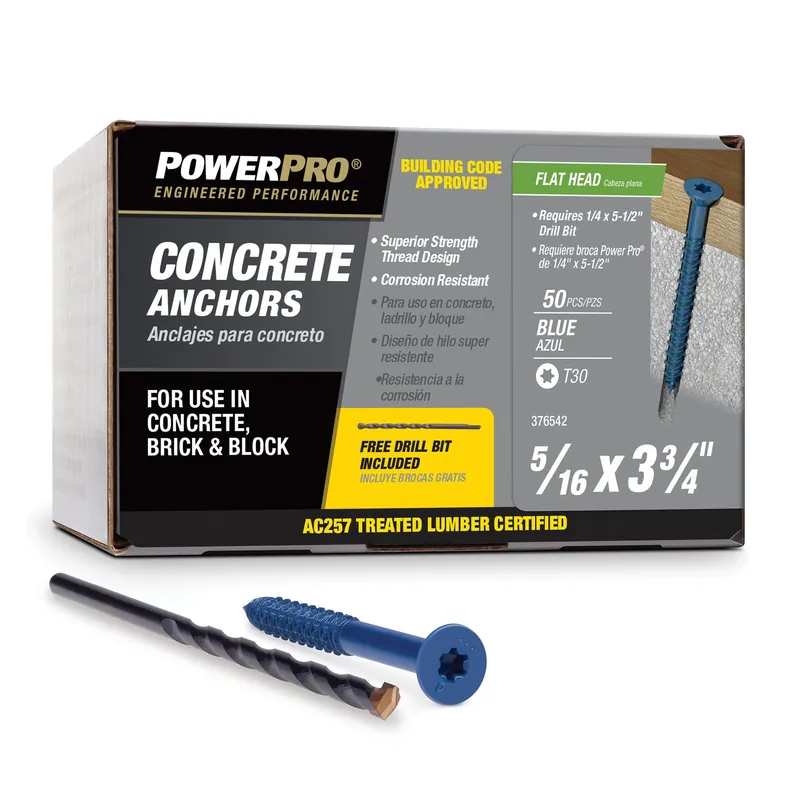 Power Pro Blue Flat-Head Concrete Screw Anchors (5/16" X 3-3/4") - 50 Pc