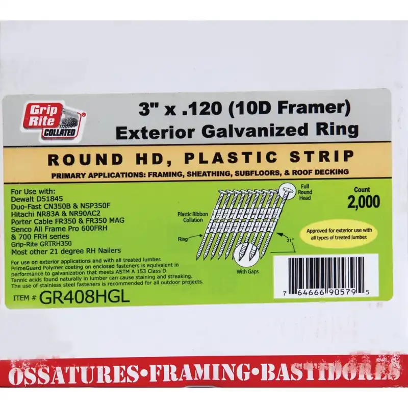 21 Degree Plastic Strip Hot-dipped Galvanized Full Round Head Framing Nails, 3 In. X .120 In.