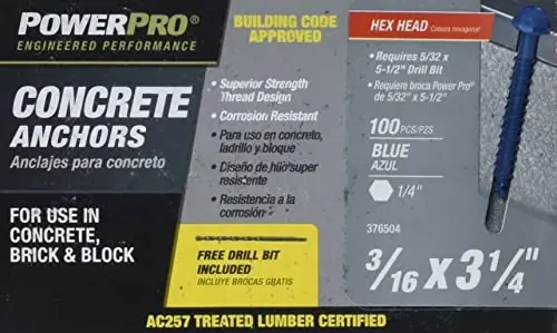100 Pack 3/16 X 3-1/4 Inch Heavy Duty Concrete Screws