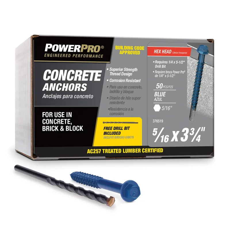 Blue Hex Washer‑Head Concrete Screw Anchors 5/16" × 3.75" – 50 Pack, Code‑Approved Fasteners