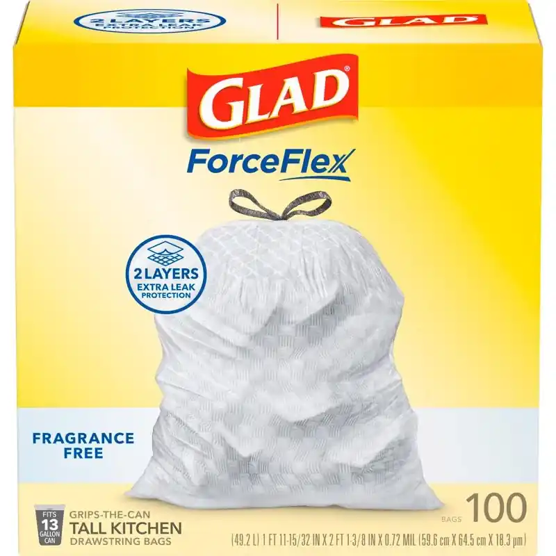 Glad Force Flex 13 Gal No Scent Kitchen Trash Bags Drawstring 100 Pk