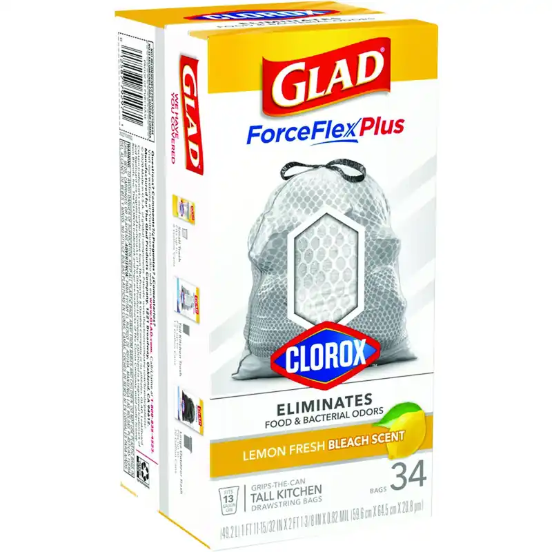 Glad Force Flex Plus 13 Gal Lemon Tall Kitchen Bags Drawstring 34 Pk