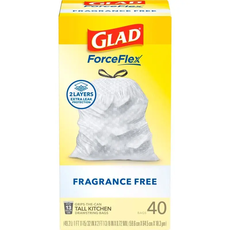 Glad Force Flex 13 Gal No Scent Kitchen Trash Bags Drawstring 40 Pk
