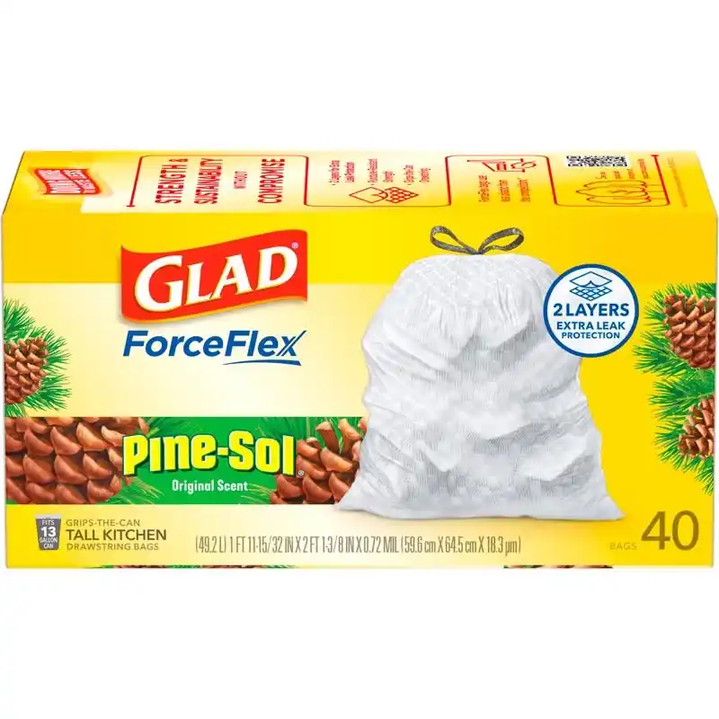 Glad ForceFlex 13 Gal Pine Kitchen Trash Bags Drawstring 40 Pk