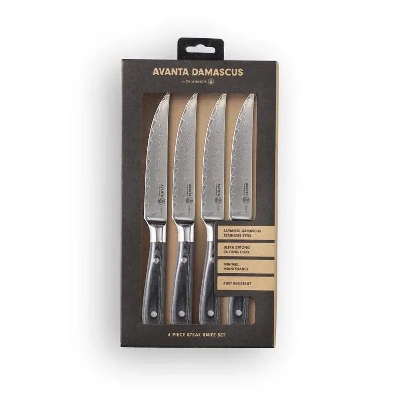 Messermeister Avanta Damascus 4‑Piece Premium Steak Knife Set – Hand‑Fitted Wood Handles