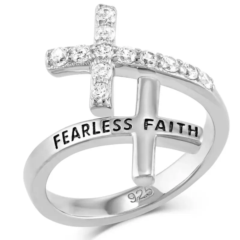 Fearless Faith Crystal Cross Ring In Rhodium Over Sterling Silver