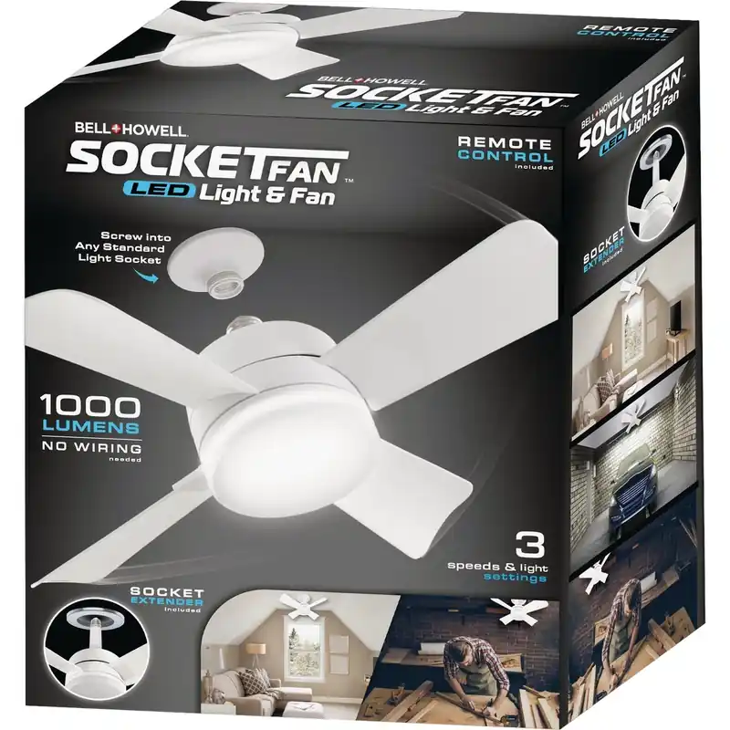 Socket Ceiling Fan + LED Light, Socket Extender & Remote