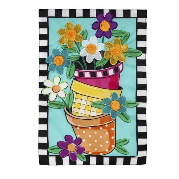 Spring Flower Pot Applique Garden Flag, Multicolor Design