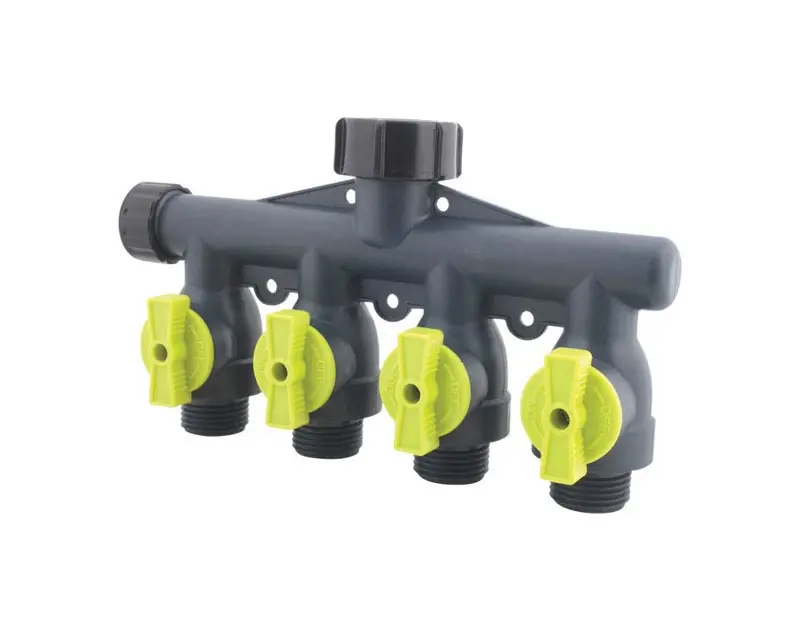 Plastic Threaded Male Garden Hose Manifold With 4 Shut-offs And Durable Poly Construction