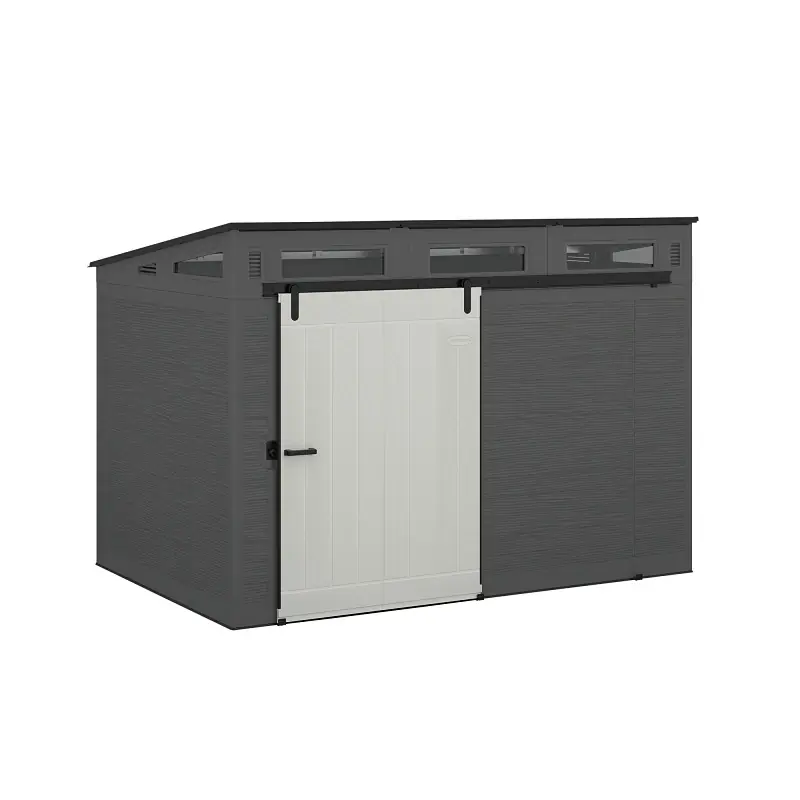 Modernist Resin Storage Shed, Sliding Barn Door, Peppercorn, Cream & Black, 10 X 7 Ft.