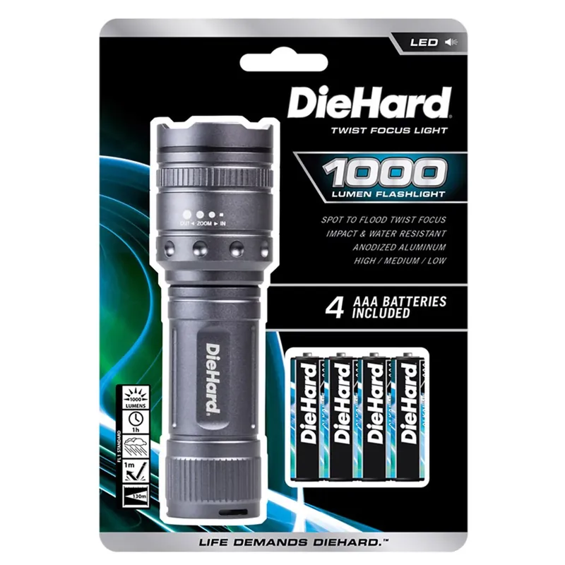 Diehard 41-6122 Twist Focus Flashlight, 1000 Lumens, Aaa Battery, Gray