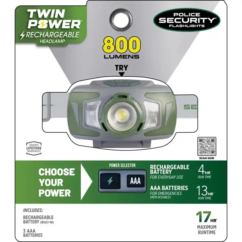 Ryder Twin Power Rechargeable Headlamp, 3 Modes, 800 Lumen
