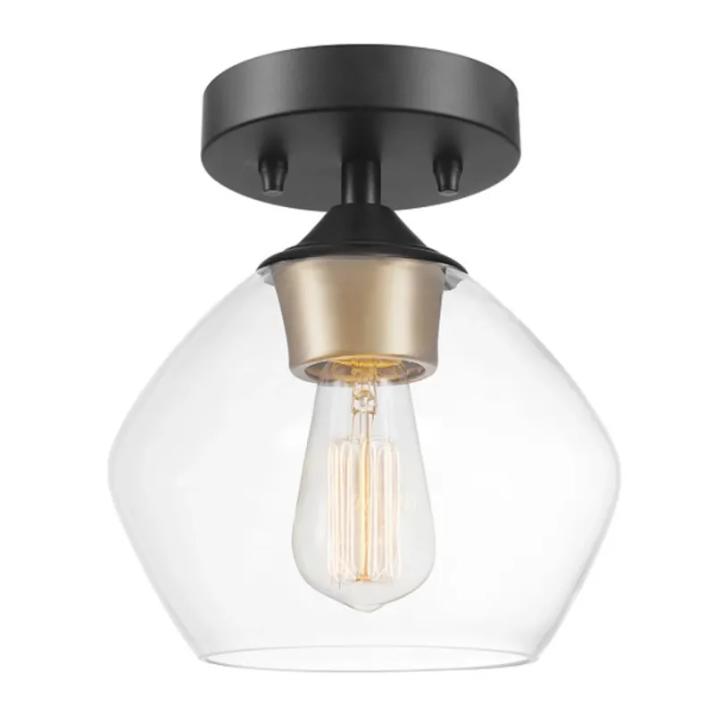Harrow 1-Light Ceiling Fixture, Gold Accent Socket, Clear Glass Shade, Semi-Flush Mount , Matte Black