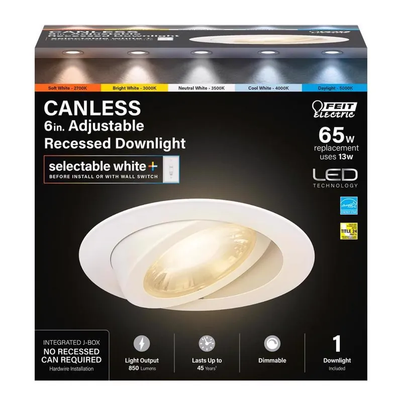 LED Canless Recessed Adjustable Downlight, Color Selectable, 11 Watt, 6 In.