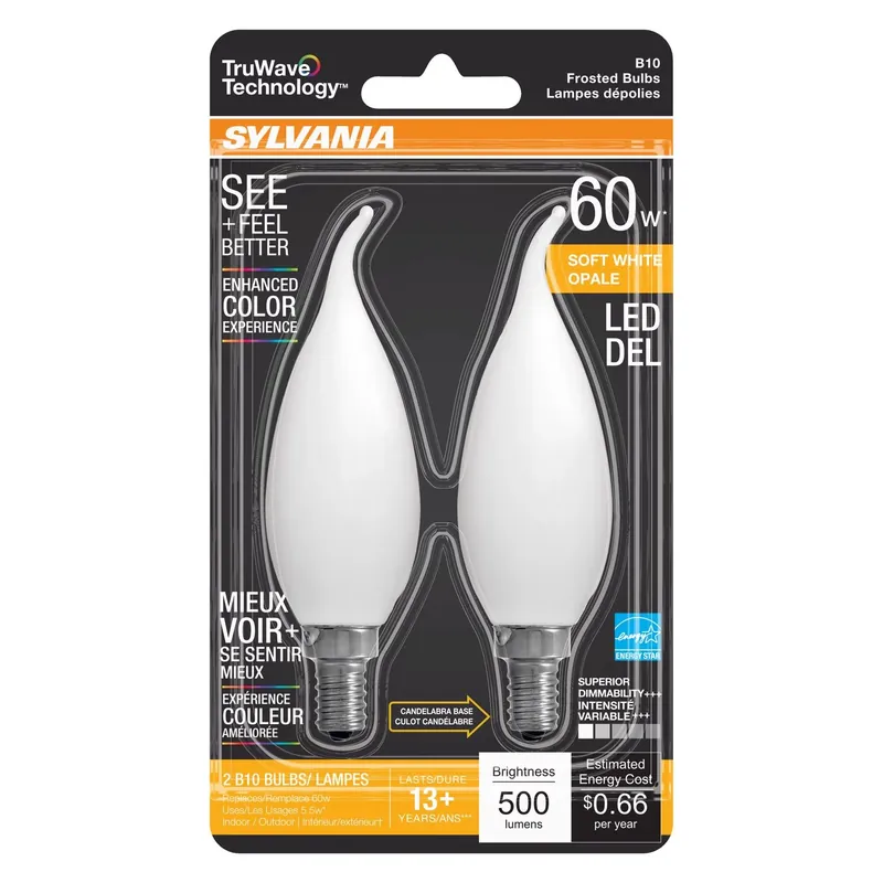 Sylvania TruWave B10 E12 (Candelabra) LED Bulb Soft White 60 Watt Equivalence 2 Pk