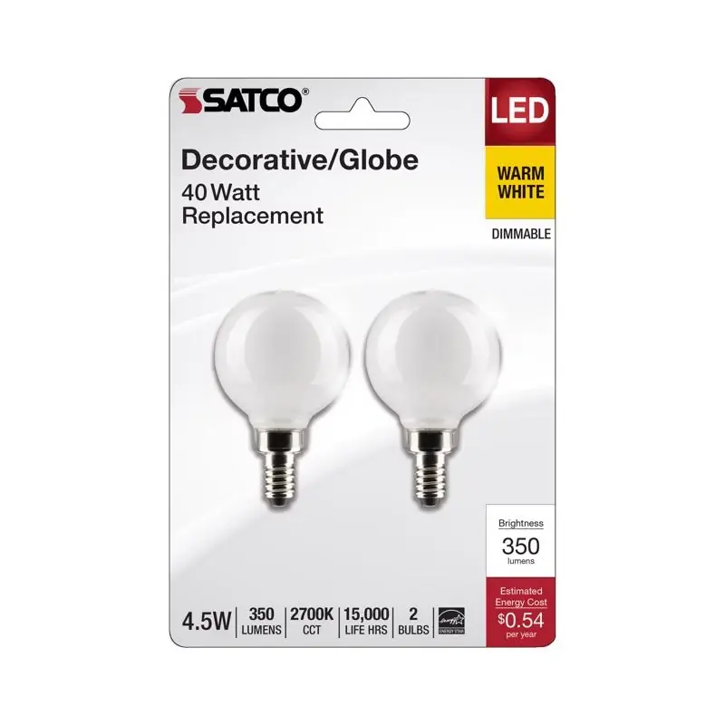 Satco G16.5 E12 (Candelabra) Filament LED Bulb Warm White 40 Watt Equivalence 2 Pk